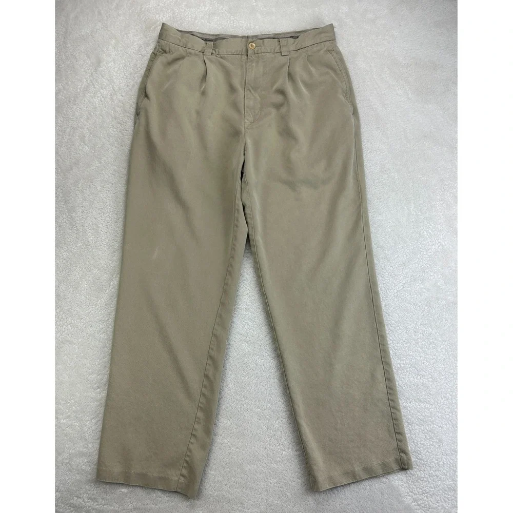 Tommy Bahama Silk Pleated Chino Pants Mens 34x32 Beige Relaxed Fit Mid Rise